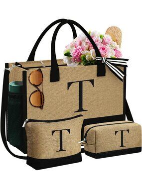 Personalized Jute Tote Bag & 2 Makeup Bags for Women - Unique Gift Idea